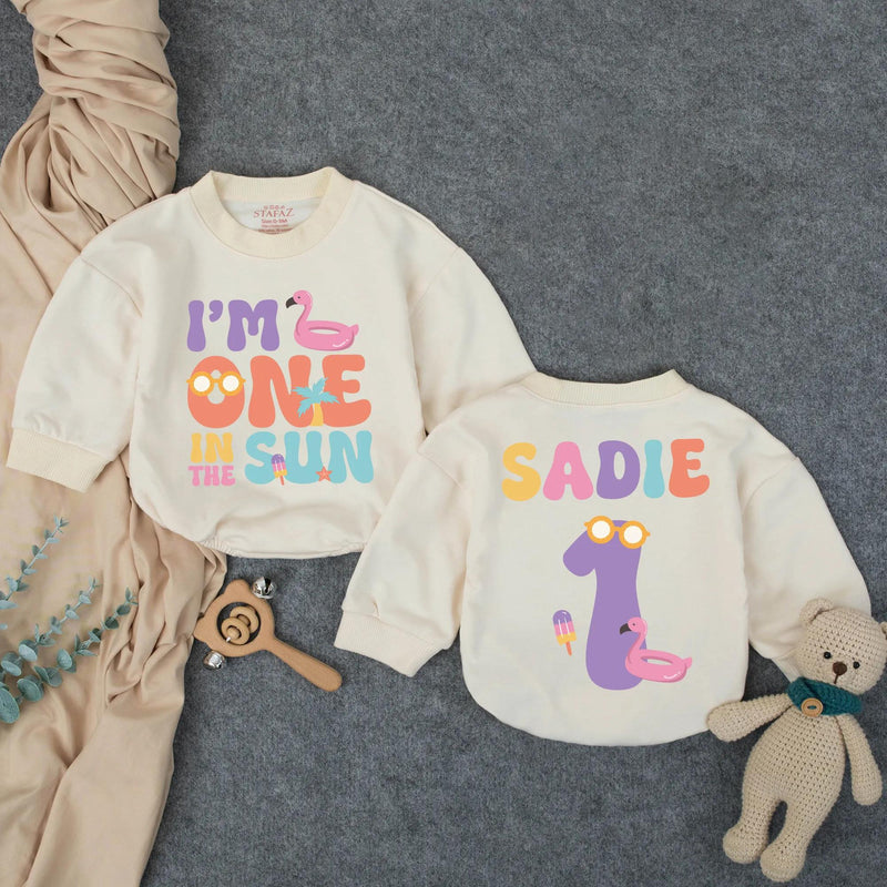 Personalized One in the Sun Bubble Romper First Birthday Girl Outfit Custom Name Summer Party Baby Gift with Flamingo Popsicle Graphics
