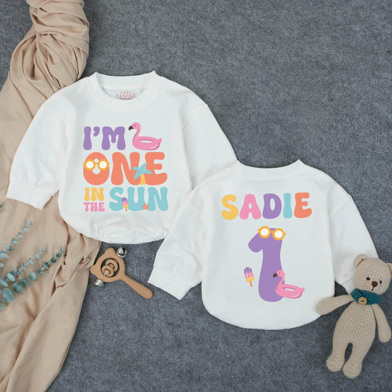 Personalized One in the Sun Bubble Romper First Birthday Girl Outfit Custom Name Summer Party Baby Gift with Flamingo Popsicle Graphics