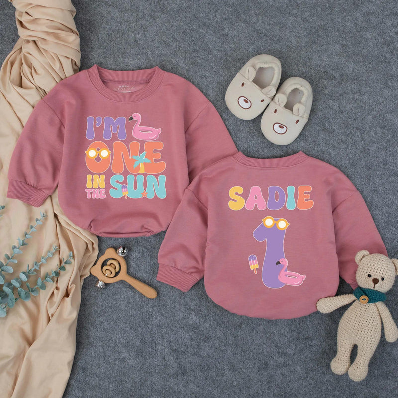 Personalized One in the Sun Bubble Romper First Birthday Girl Outfit Custom Name Summer Party Baby Gift with Flamingo Popsicle Graphics