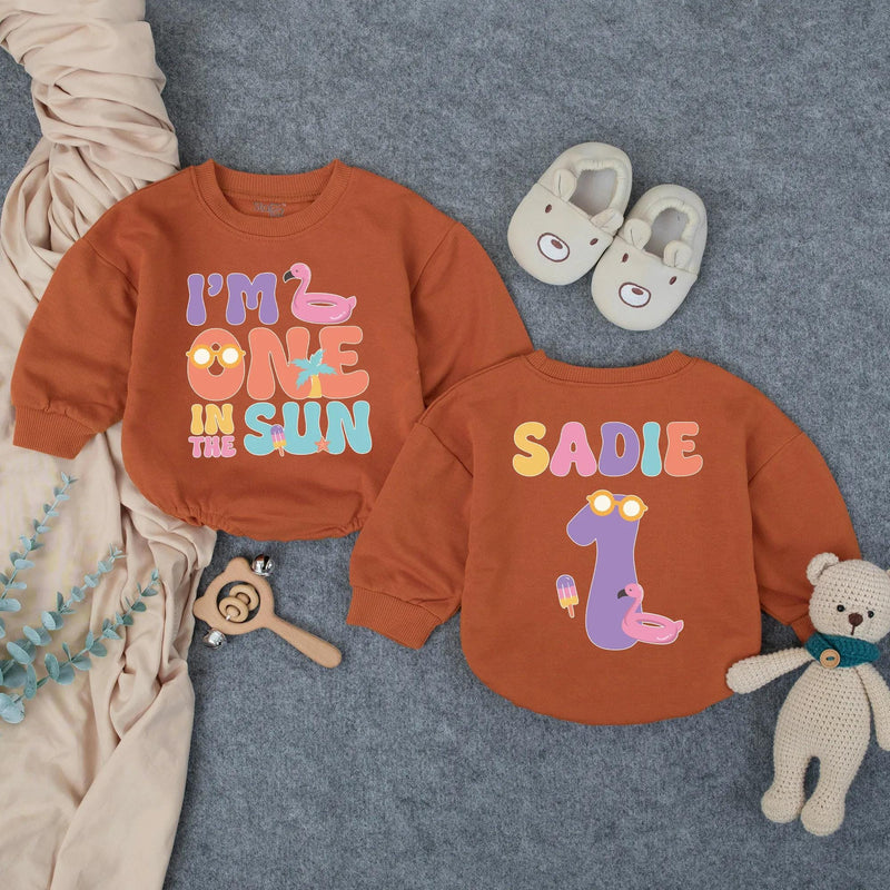 Personalized One in the Sun Bubble Romper First Birthday Girl Outfit Custom Name Summer Party Baby Gift with Flamingo Popsicle Graphics
