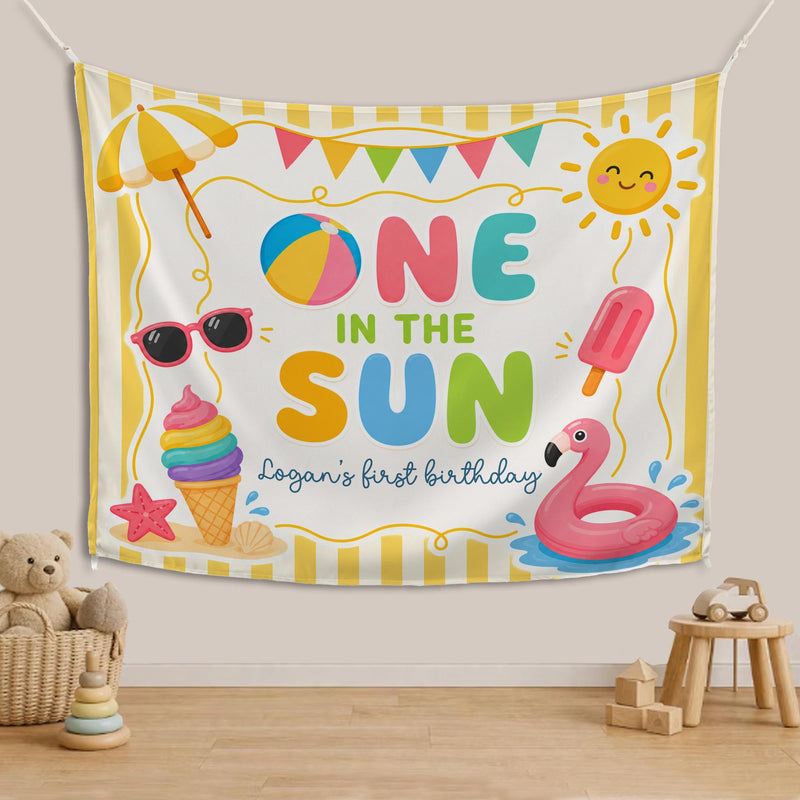 Personalized One in the Sun First Birthday Backdrop for Baby or Toddler, Summer Party Banner with Colorful Design for Boys or Girls