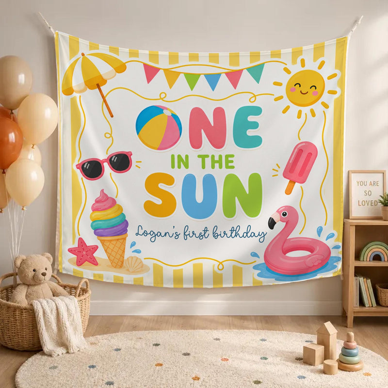 Personalized One in the Sun First Birthday Backdrop for Baby or Toddler, Summer Party Banner with Colorful Design for Boys or Girls