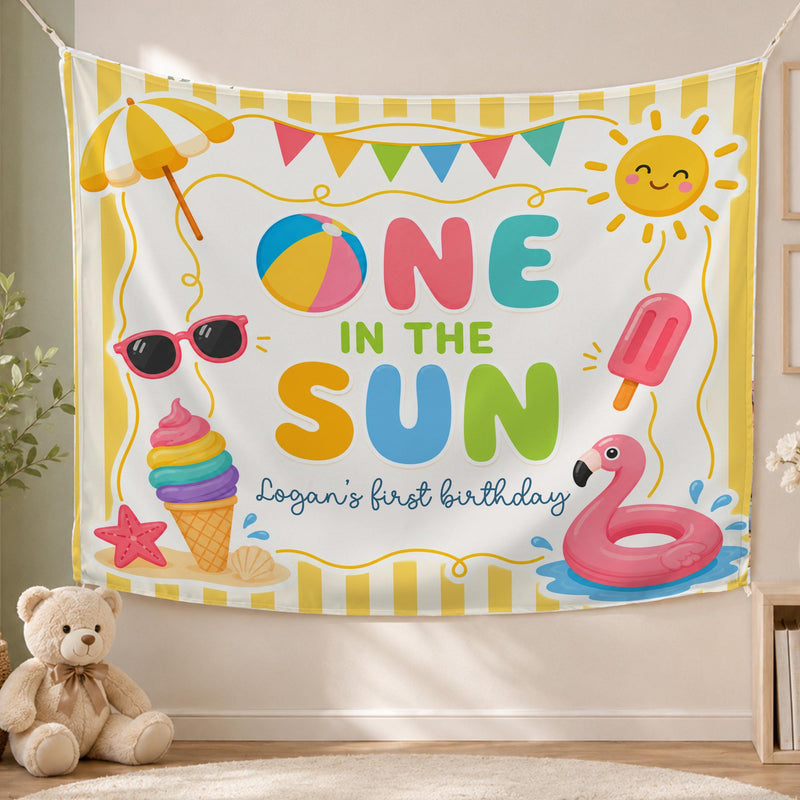 Personalized One in the Sun First Birthday Backdrop for Baby or Toddler, Summer Party Banner with Colorful Design for Boys or Girls