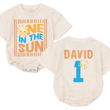 Personalized One in the Sun First Birthday Boy Romper with Cartoon Sun Design Bright Blue and Orange Party Outfit Name and Age Gift
