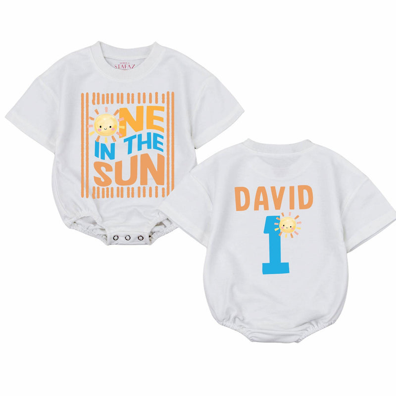 Personalized One in the Sun First Birthday Boy Romper with Cartoon Sun Design Bright Blue and Orange Party Outfit Name and Age Gift