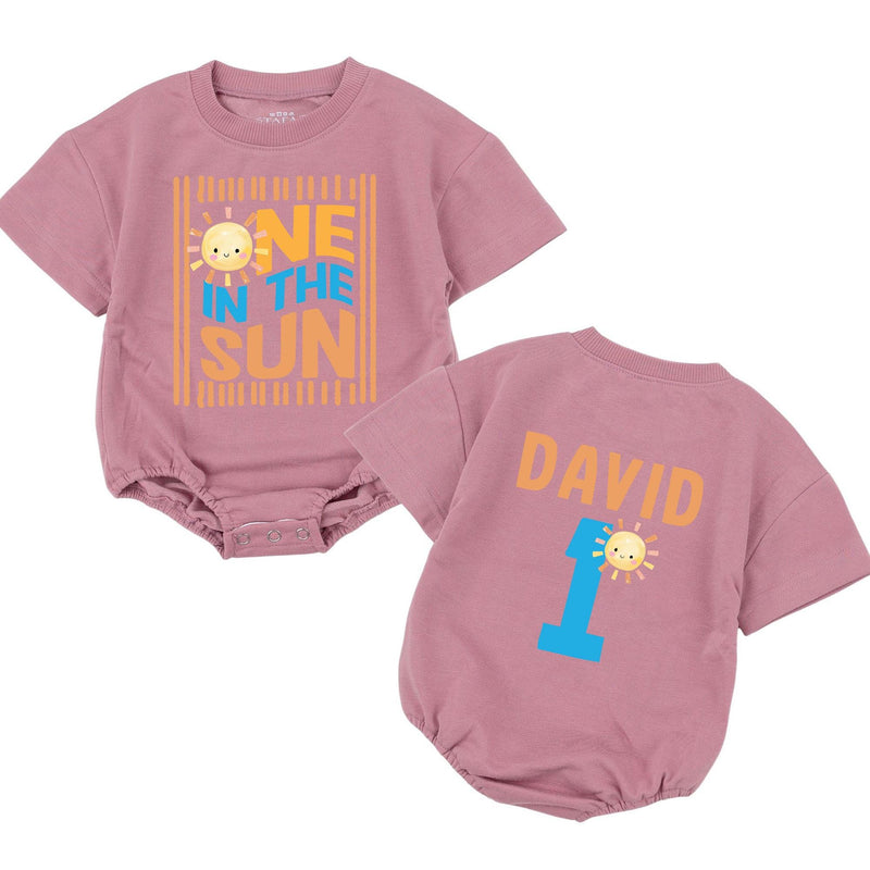 Personalized One in the Sun First Birthday Boy Romper with Cartoon Sun Design Bright Blue and Orange Party Outfit Name and Age Gift