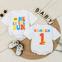 Personalized One in the Sun First Birthday Romper for Baby Boys, Sunshine Party Outfit, Retro Red Yellow Blue Design Gift Idea