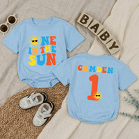 Personalized One in the Sun First Birthday Romper for Baby Boys, Sunshine Party Outfit, Retro Red Yellow Blue Design Gift Idea