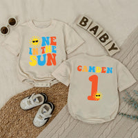 Personalized One in the Sun First Birthday Romper for Baby Boys, Sunshine Party Outfit, Retro Red Yellow Blue Design Gift Idea