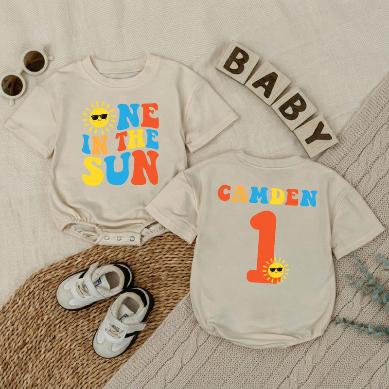 Personalized One in the Sun First Birthday Romper for Baby Boys, Sunshine Party Outfit, Retro Red Yellow Blue Design Gift Idea