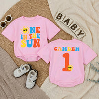 Personalized One in the Sun First Birthday Romper for Baby Boys, Sunshine Party Outfit, Retro Red Yellow Blue Design Gift Idea