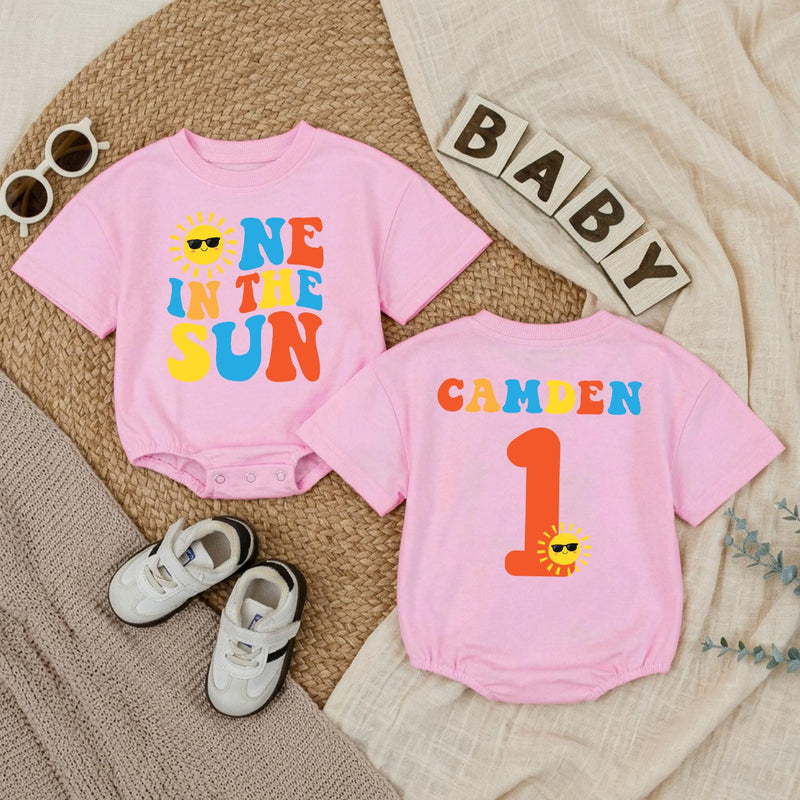 Personalized One in the Sun First Birthday Romper for Baby Boys, Sunshine Party Outfit, Retro Red Yellow Blue Design Gift Idea