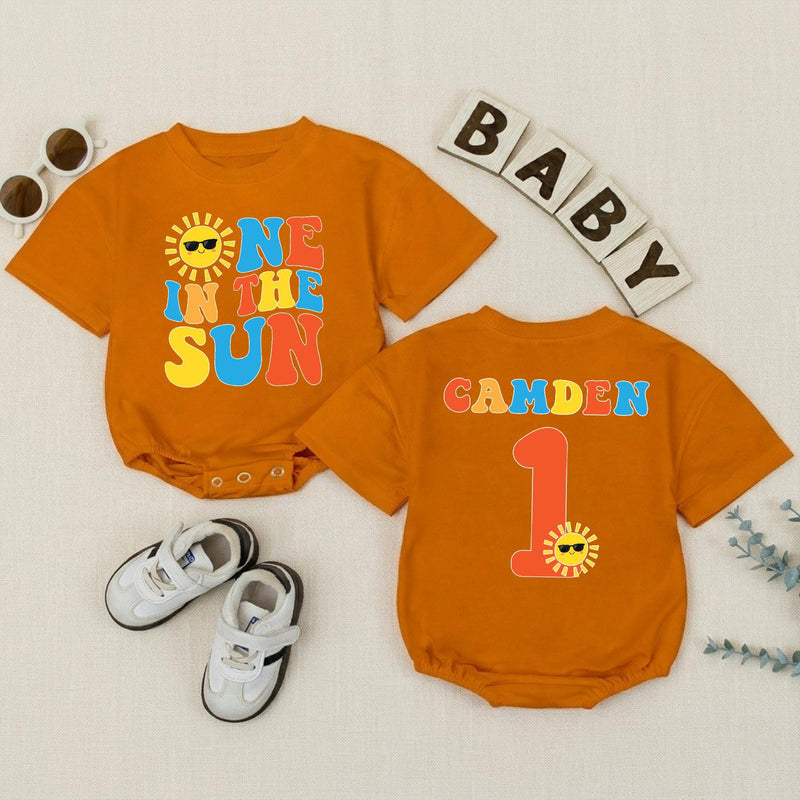 Personalized One in the Sun First Birthday Romper for Baby Boys, Sunshine Party Outfit, Retro Red Yellow Blue Design Gift Idea