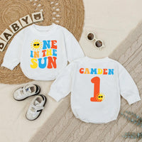 Personalized One in the Sun First Birthday Romper for Baby Boys, Sunshine Party Outfit, Retro Red Yellow Blue Design Gift Idea