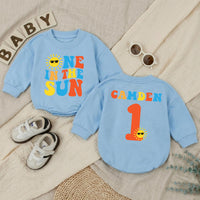 Personalized One in the Sun First Birthday Romper for Baby Boys, Sunshine Party Outfit, Retro Red Yellow Blue Design Gift Idea