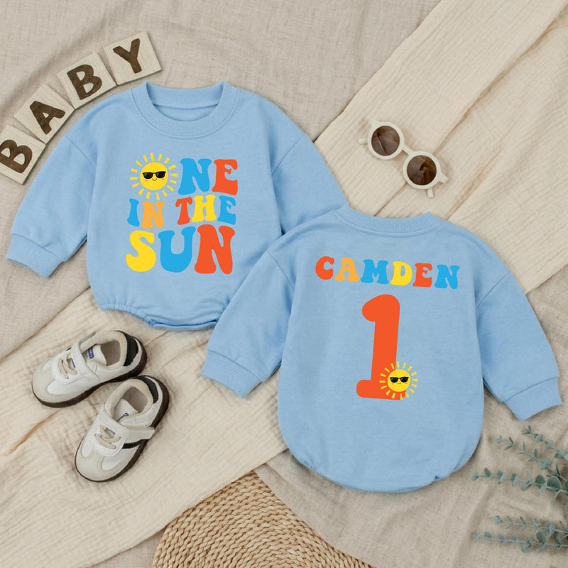 Personalized One in the Sun First Birthday Romper for Baby Boys, Sunshine Party Outfit, Retro Red Yellow Blue Design Gift Idea