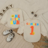 Personalized One in the Sun First Birthday Romper for Baby Boys, Sunshine Party Outfit, Retro Red Yellow Blue Design Gift Idea