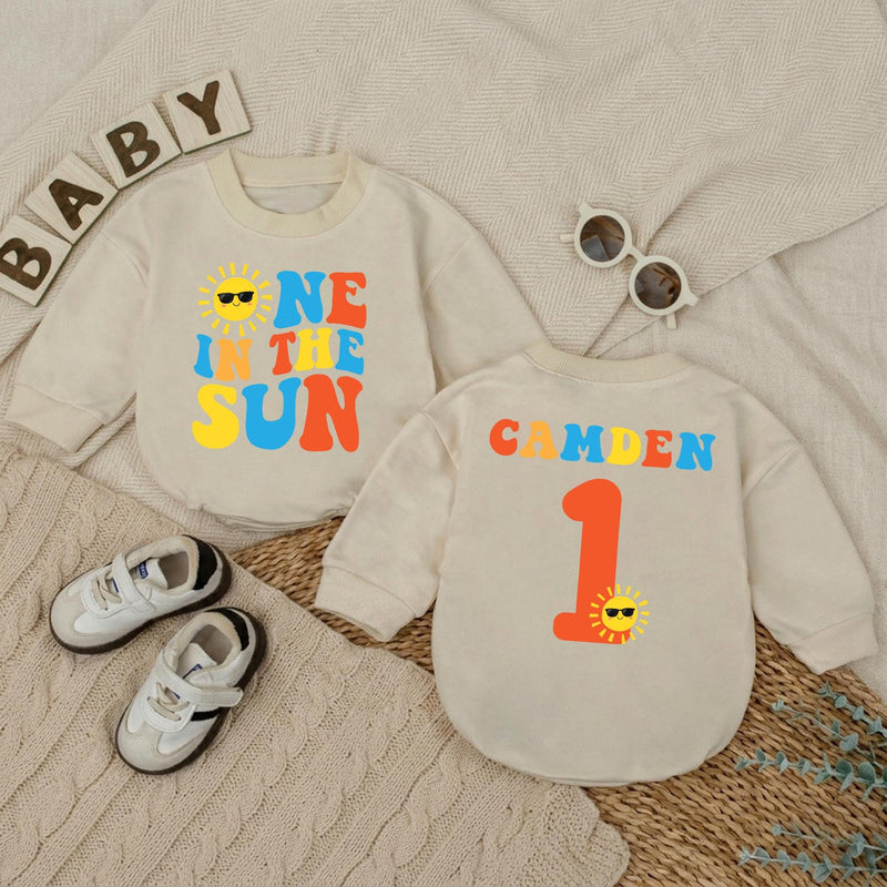 Personalized One in the Sun First Birthday Romper for Baby Boys, Sunshine Party Outfit, Retro Red Yellow Blue Design Gift Idea