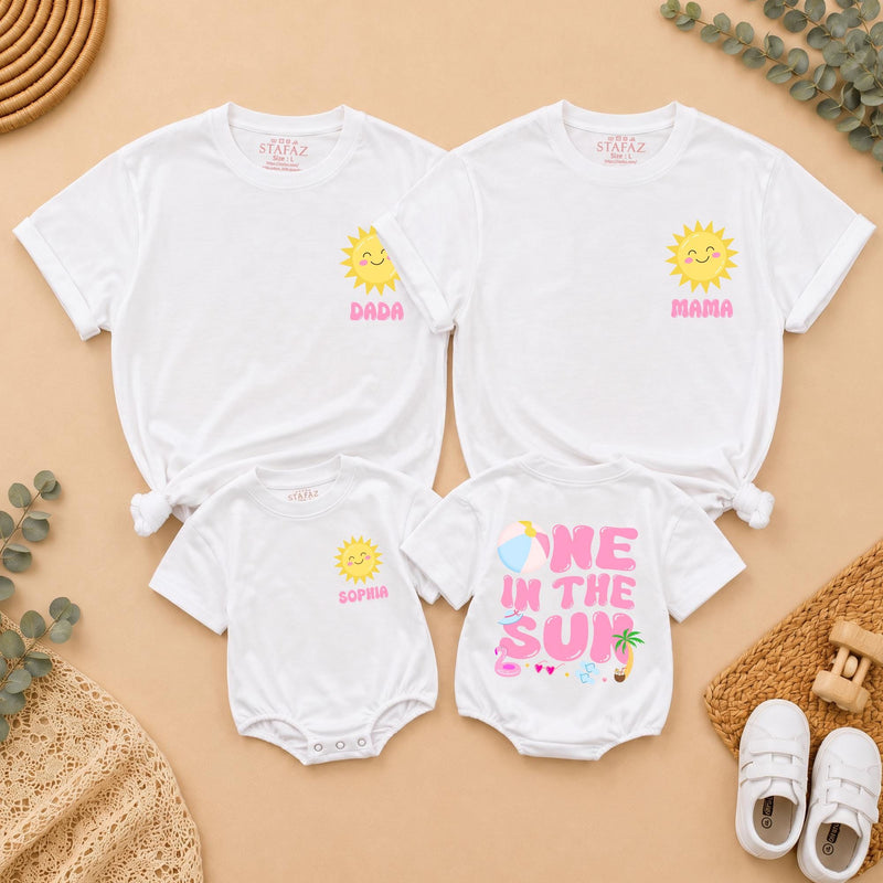 Personalized One in the Sun First Birthday Shirt for Girls, Custom Name Summer Party Outfit with Family Matching Tees, Bright Fun Design