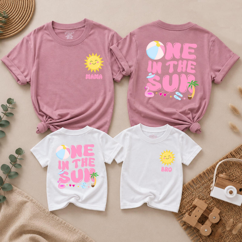 Personalized One in the Sun First Birthday Shirt for Girls, Custom Name Summer Party Outfit with Family Matching Tees, Bright Fun Design