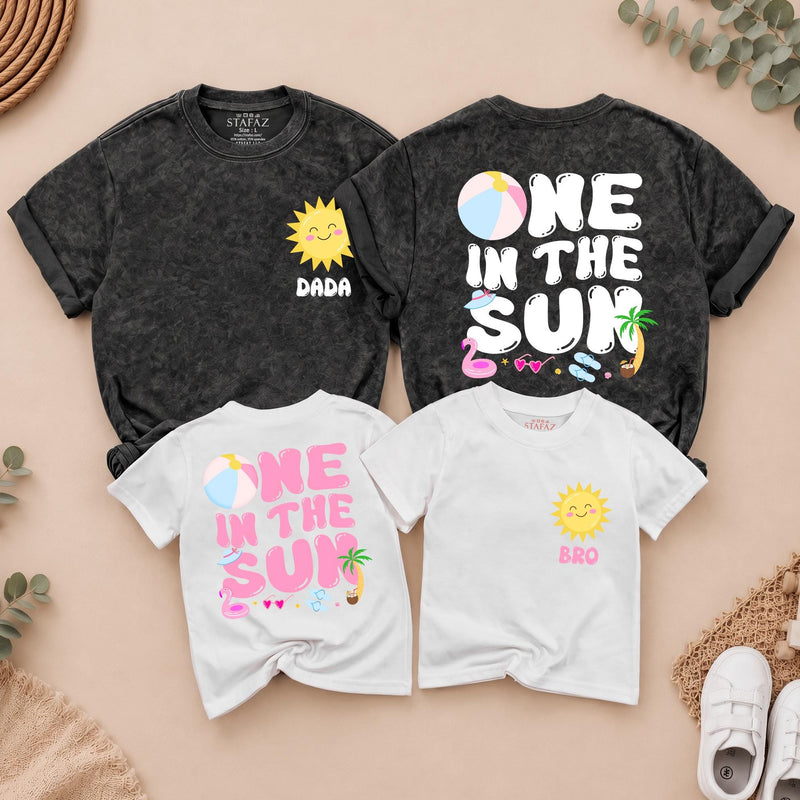 Personalized One in the Sun First Birthday Shirt for Girls, Custom Name Summer Party Outfit with Family Matching Tees, Bright Fun Design