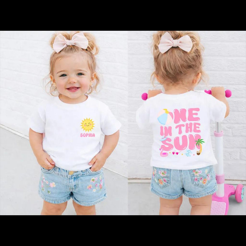 Personalized One in the Sun First Birthday Shirt for Girls, Custom Name Summer Party Outfit with Family Matching Tees, Bright Fun Design