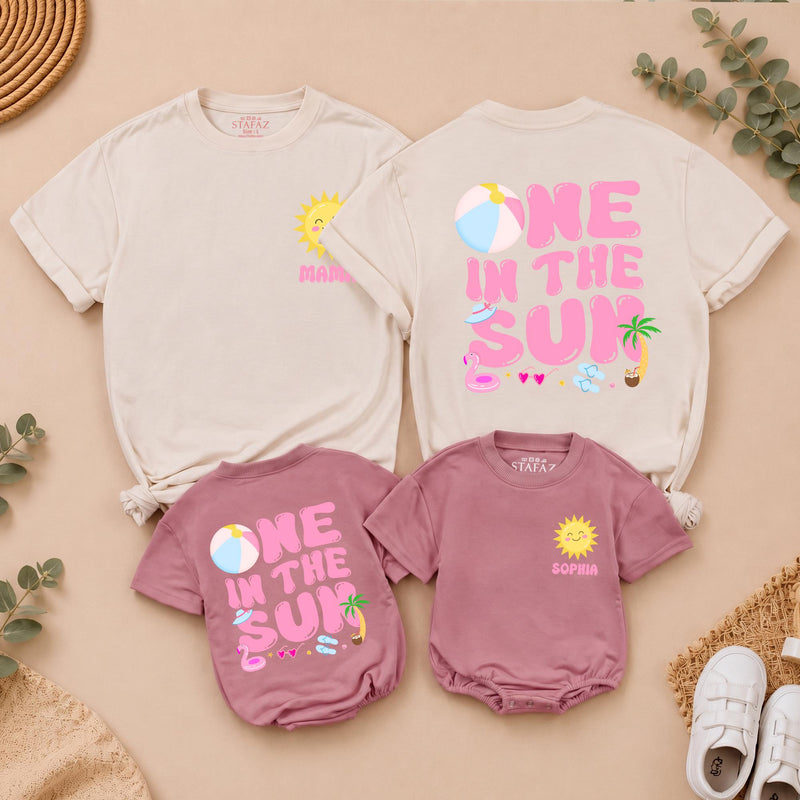 Personalized One in the Sun First Birthday Shirt for Girls, Custom Name Summer Party Outfit with Family Matching Tees, Bright Fun Design