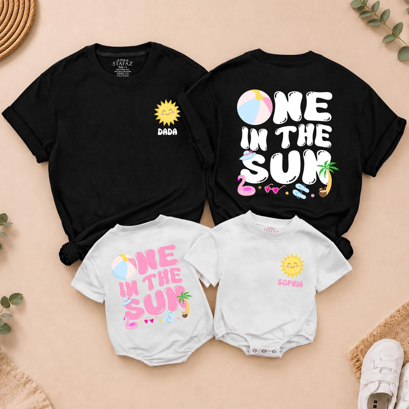 Personalized One in the Sun First Birthday Shirt for Girls, Custom Name Summer Party Outfit with Family Matching Tees, Bright Fun Design