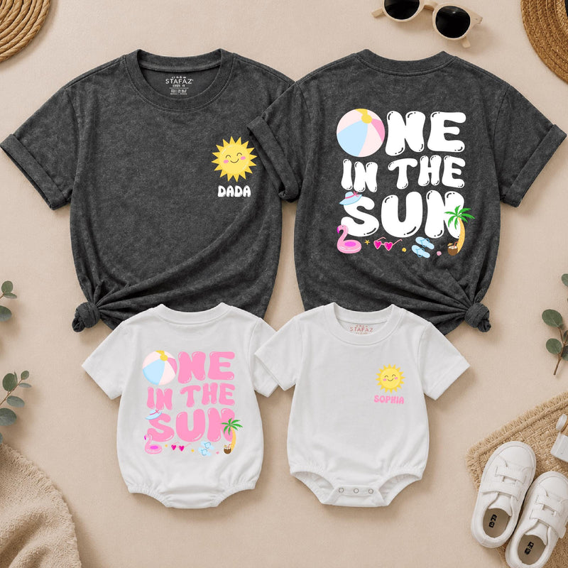 Personalized One in the Sun First Birthday Shirt for Girls, Custom Name Summer Party Outfit with Family Matching Tees, Bright Fun Design