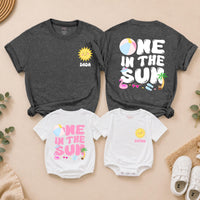Personalized One in the Sun First Birthday Shirt for Girls, Custom Name Summer Party Outfit with Family Matching Tees, Bright Fun Design