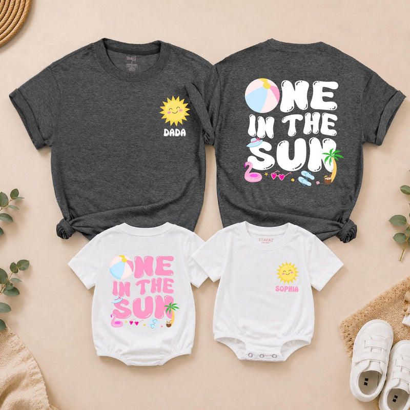 Personalized One in the Sun First Birthday Shirt for Girls, Custom Name Summer Party Outfit with Family Matching Tees, Bright Fun Design