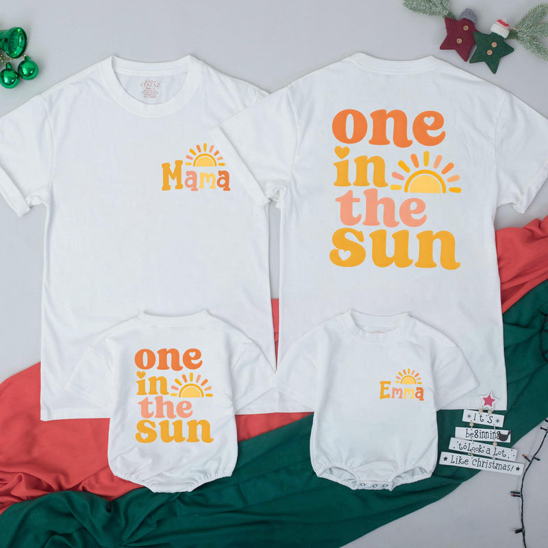 Personalized 'One in the Sun' Matching Family Shirts & Baby Romper, Boho Sun Design for 1st Birthday, Mom, Dad & Toddler Soft Cotton Tee