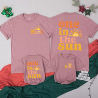 Personalized 'One in the Sun' Matching Family Shirts & Baby Romper, Boho Sun Design for 1st Birthday, Mom, Dad & Toddler Soft Cotton Tee