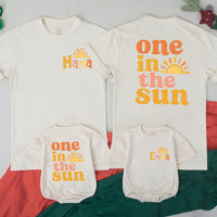 Personalized 'One in the Sun' Matching Family Shirts & Baby Romper, Boho Sun Design for 1st Birthday, Mom, Dad & Toddler Soft Cotton Tee