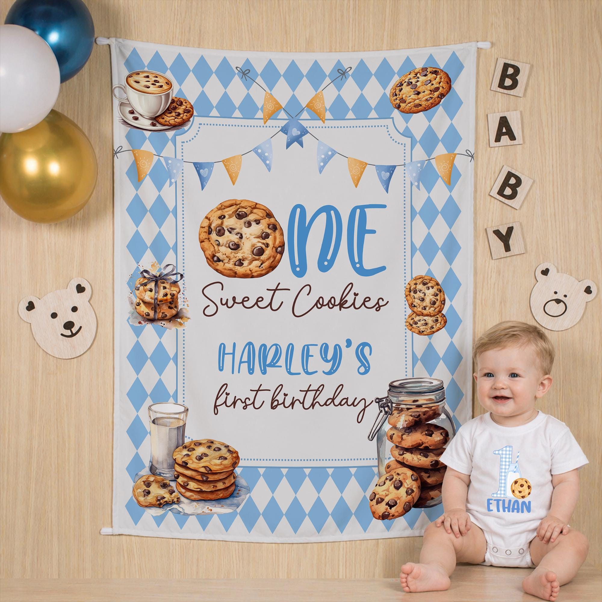 Personalized One Sweet Cookie 1st Birthday Outfit with Blue Gingham Number, Milk and Cookies Romper, Silk Banner Party Decor Set