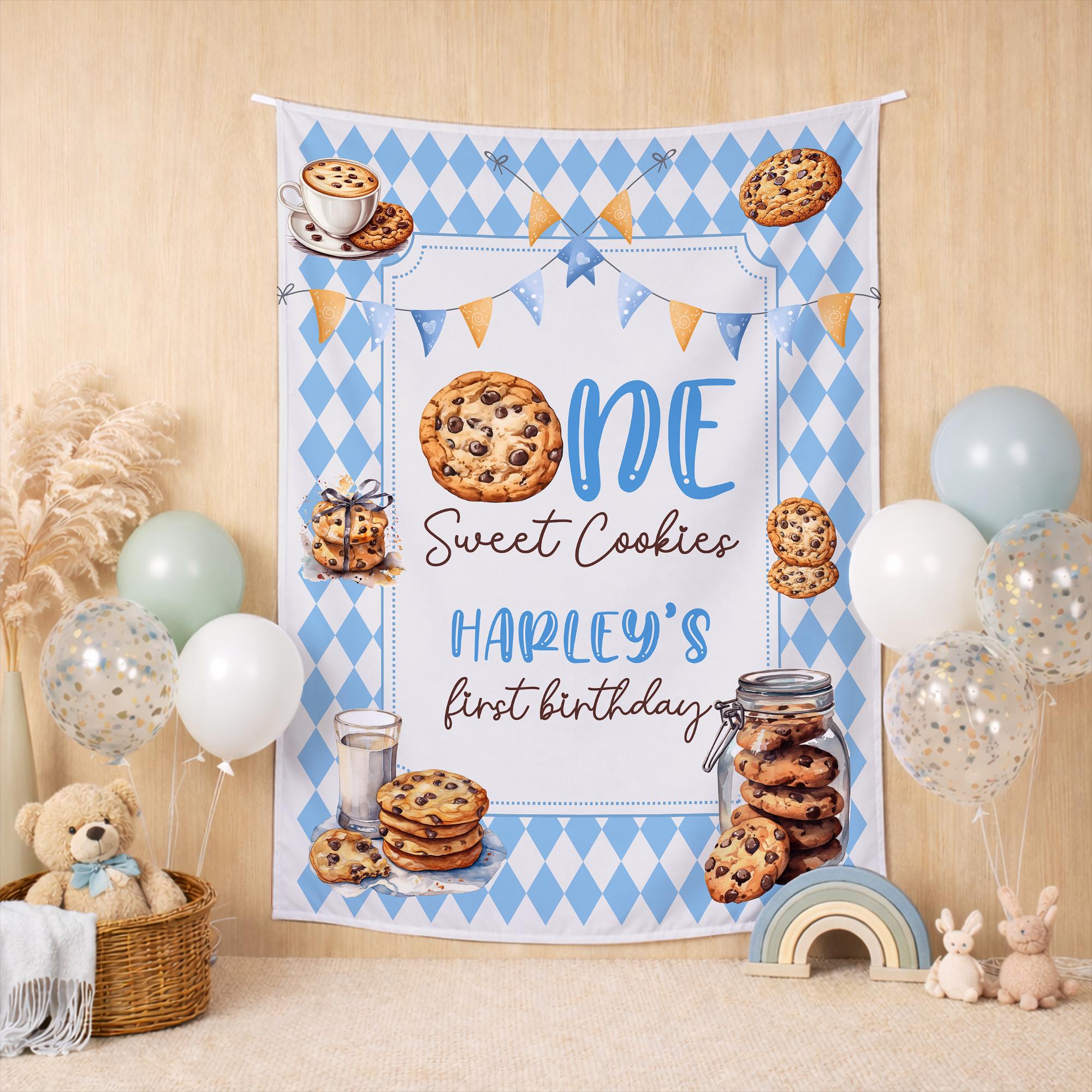 Personalized One Sweet Cookie 1st Birthday Outfit with Blue Gingham Number, Milk and Cookies Romper, Silk Banner Party Decor Set