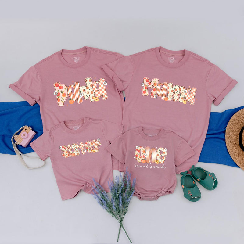 Personalized One Sweet Peach 1st Birthday Shirt for Baby Girl Peach Party Outfit Family Matching Tees Soft Cotton Retro Design Gift