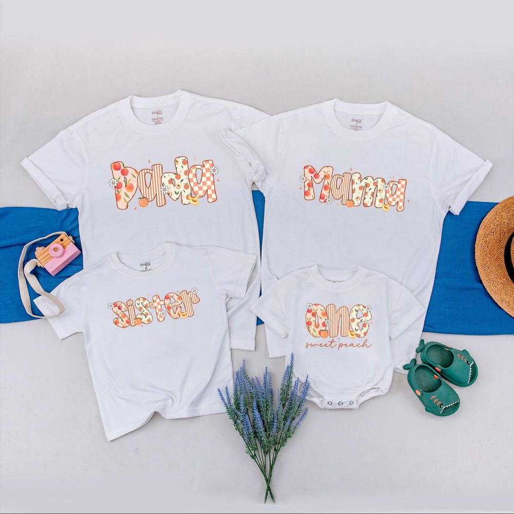 Personalized One Sweet Peach 1st Birthday Shirt for Baby Girl Peach Party Outfit Family Matching Tees Soft Cotton Retro Design Gift