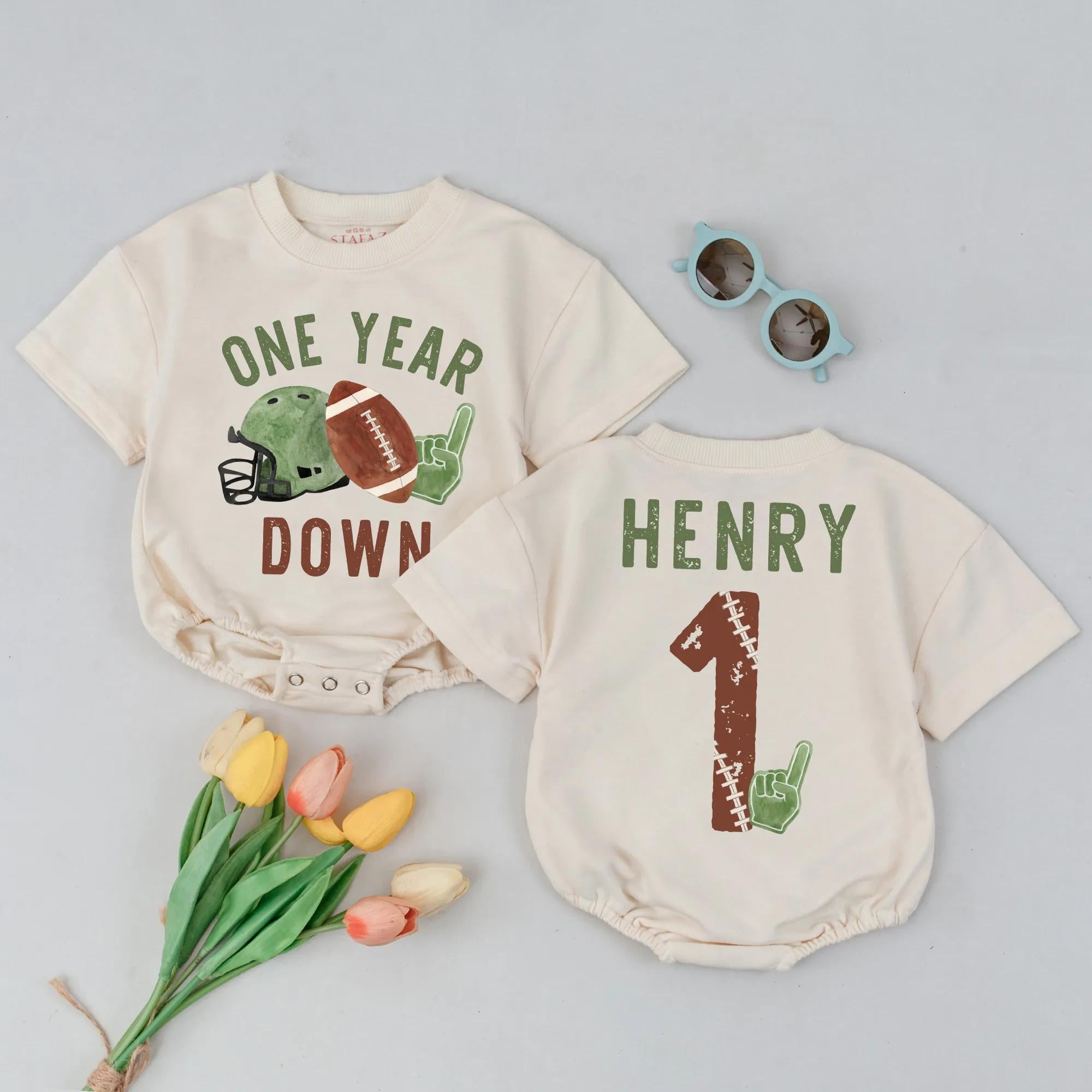 Personalized One Year Down Football Birthday Romper Custom Baby Outfit with Name Rustic Sports Design First Birthday Gift for Boys