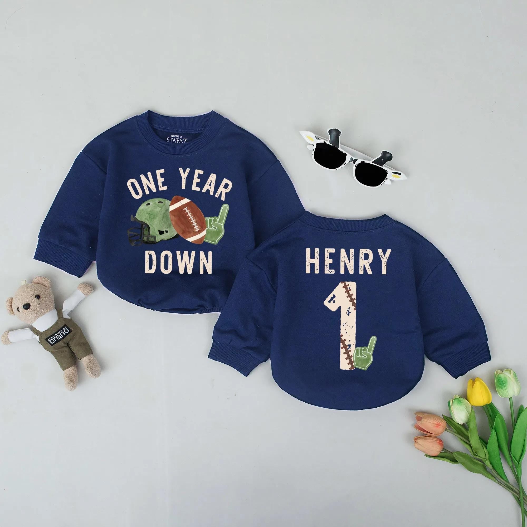 Personalized One Year Down Football Birthday Romper Custom Baby Outfit with Name Rustic Sports Design First Birthday Gift for Boys