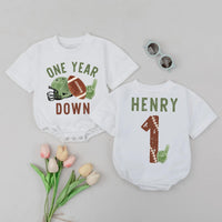 Custom Baby Romper with Football Theme, 'One Year Down' Print, Personalized Name, Soft Cotton Long Sleeve First Birthday Outfit for Boys