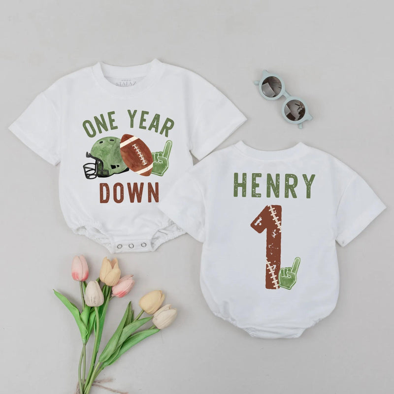 Custom Baby Romper with Football Theme, 'One Year Down' Print, Personalized Name, Soft Cotton Long Sleeve First Birthday Outfit for Boys