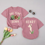 Custom Baby Romper with Football Theme, 'One Year Down' Print, Personalized Name, Soft Cotton Long Sleeve First Birthday Outfit for Boys