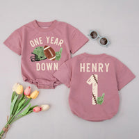 Custom Baby Romper with Football Theme, 'One Year Down' Print, Personalized Name, Soft Cotton Long Sleeve First Birthday Outfit for Boys