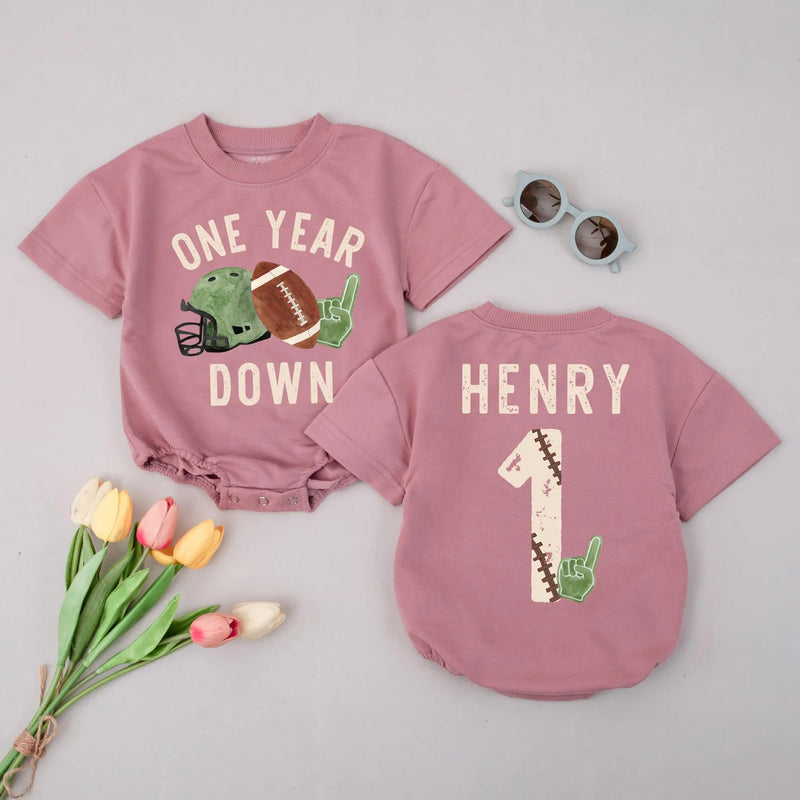 Custom Baby Romper with Football Theme, 'One Year Down' Print, Personalized Name, Soft Cotton Long Sleeve First Birthday Outfit for Boys