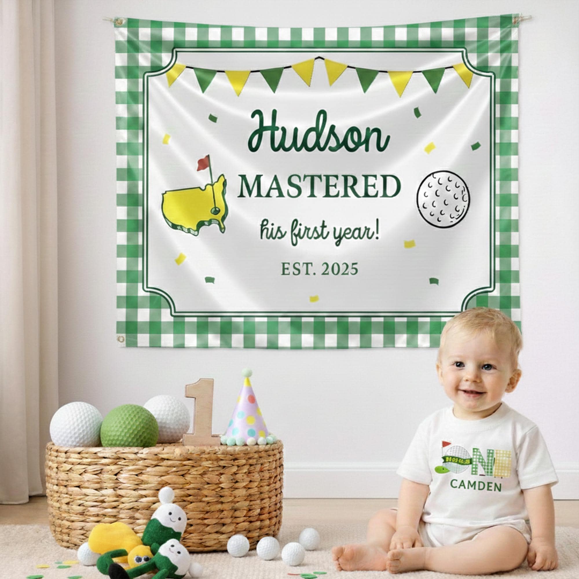 Personalized One Year Golf Birthday Baby Outfit with Custom Name Silk Banner and Bubble Romper Hole in One Sports Party Gift Backdrop