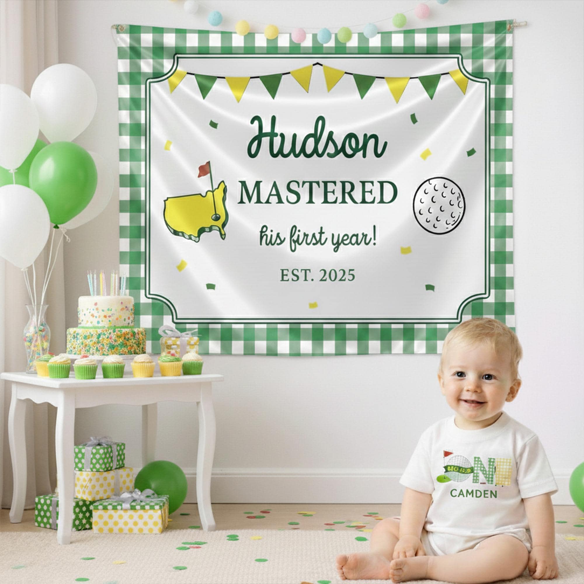 Personalized One Year Golf Birthday Baby Outfit with Custom Name Silk Banner and Bubble Romper Hole in One Sports Party Gift Backdrop