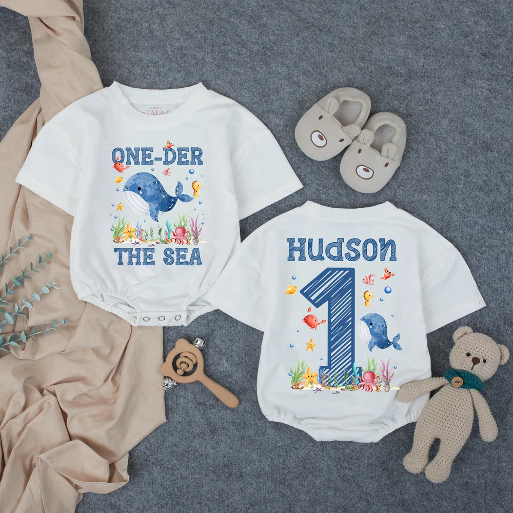 Personalized Oneder the Sea First Birthday Outfit for Baby Boy with Whale Octopus Starfish Design, Cute Ocean Cake Smash Romper Gift