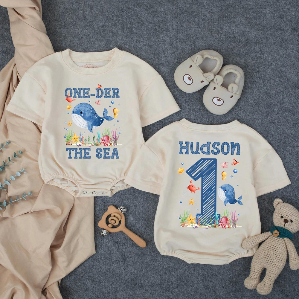 Personalized Oneder the Sea First Birthday Outfit for Baby Boy with Whale Octopus Starfish Design, Cute Ocean Cake Smash Romper Gift