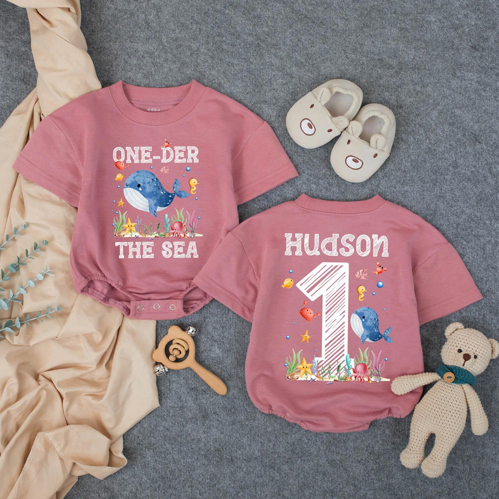 Personalized Oneder the Sea First Birthday Outfit for Baby Boy with Whale Octopus Starfish Design, Cute Ocean Cake Smash Romper Gift